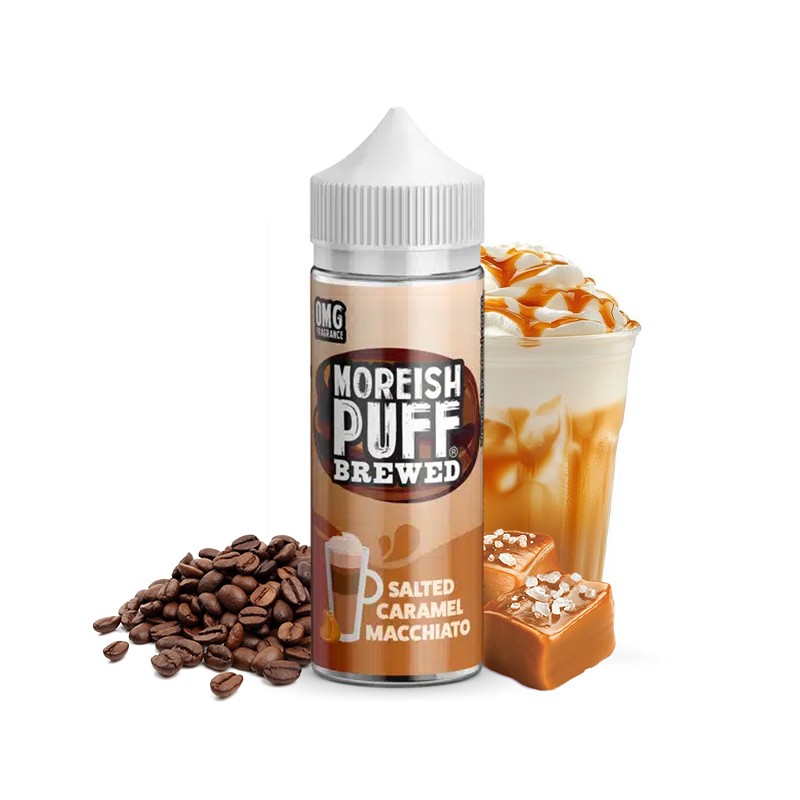 Moreish, Puffs, Brewed, 100ml, e-liquide, Boisson, café, Gourmand, vape, nicotine, salted, caramel, macchiato